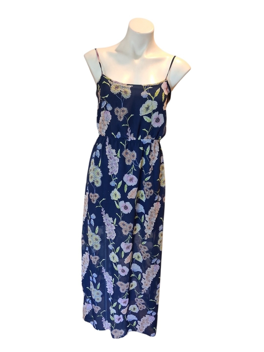 Forever 21 Navy Floral Spaghetti-Strap Maxi Dress with Pastel Blooms
